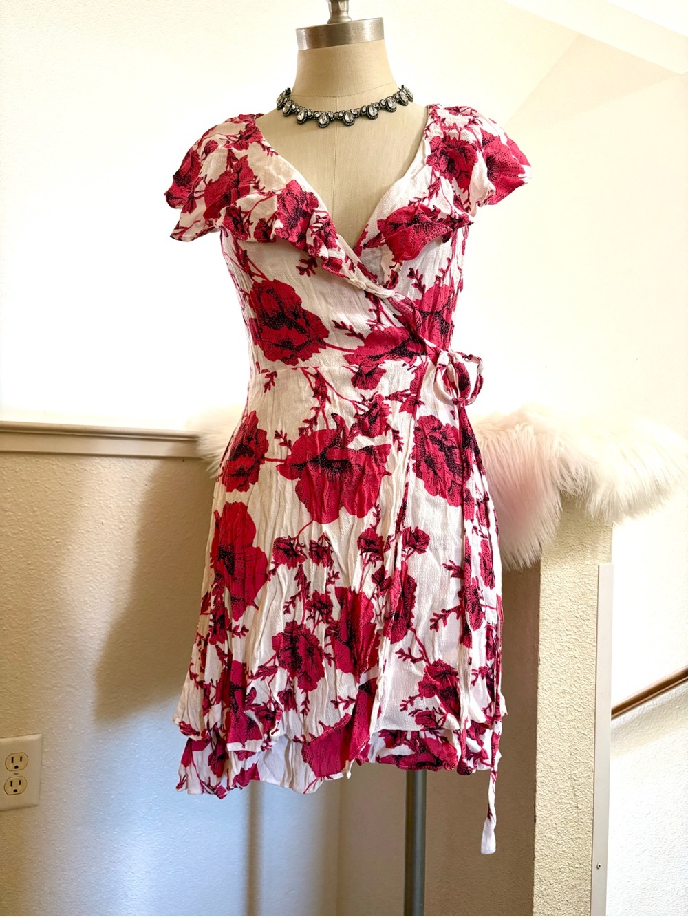 Free People White Mini Wrap Dress with Red Floral Print